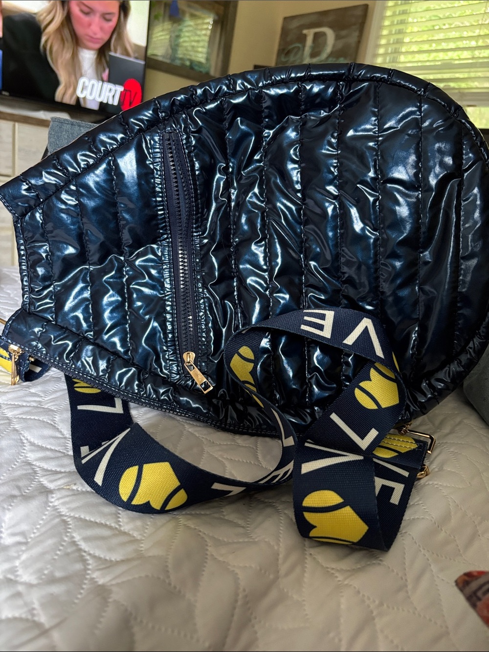Shiny Navy Quilted Pickle-ball Bag with Branded Strap